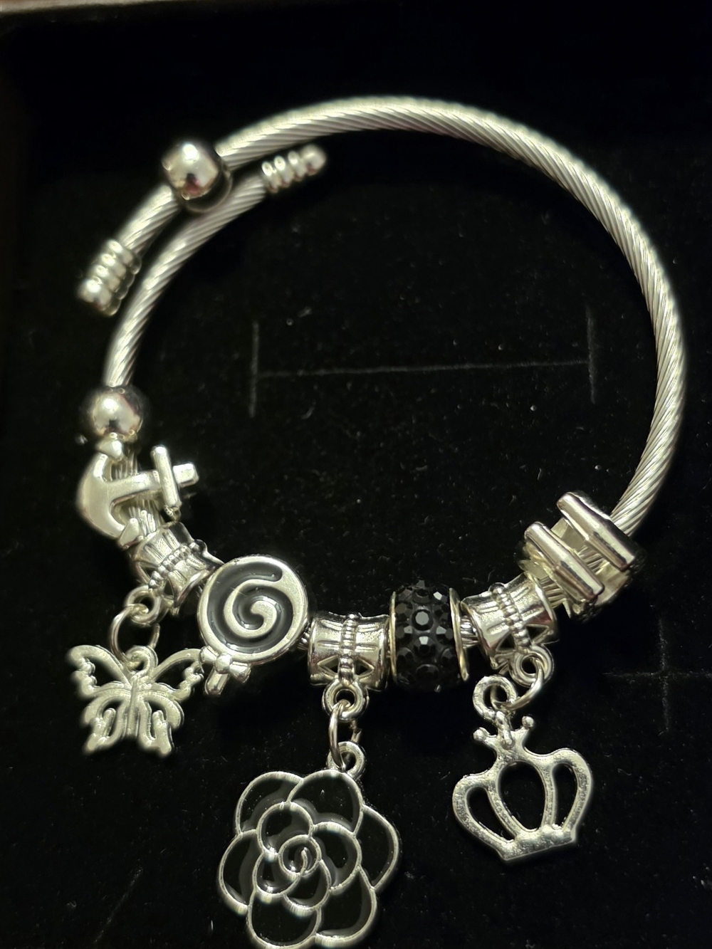 Silver Charm Bracelet with Flower, Crown & Butterfly Charms - Silver